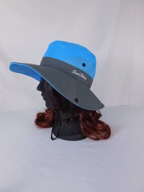 SunShade Sun Hat Womens Adjustable Blue Mesh Wide Brim Travel Logo Strap